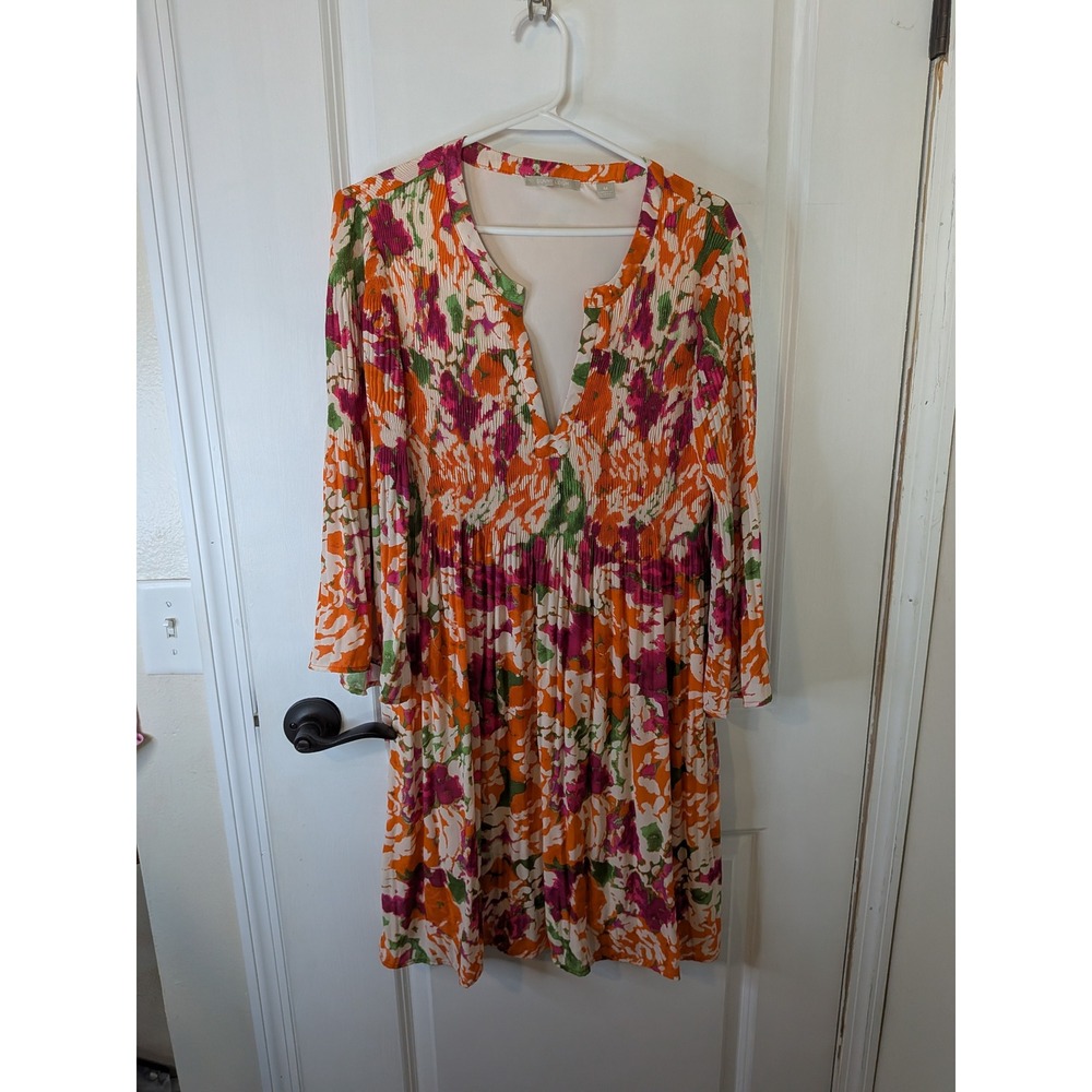 Sunny Leigh Orange Floral Pleated V-Neck Bell Sleeve Mini Dress SW012311 Mens M